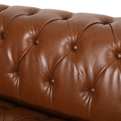 Light Brown Modern 83.5 Faux Leather Button Tufted 3-seater Sofa with Wood Legs for Living Room