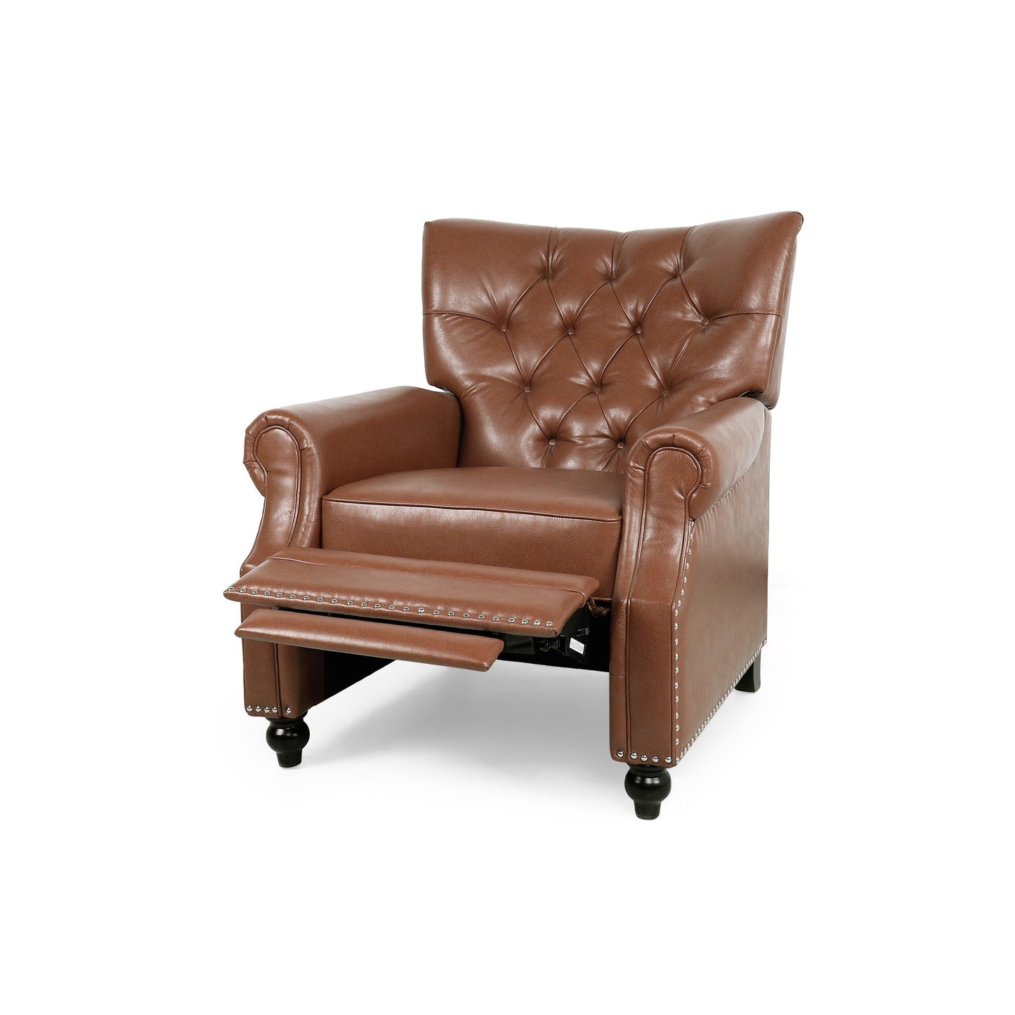 Light Brown Pu Leather Upholstered Push Back Recliner with Footrest, Button-tufted Backrest, Nailhead Accents