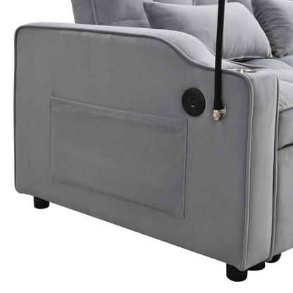 Light Gray Velvet Convertible Sleeper Loveseat Sofa with Adjustable Backrest