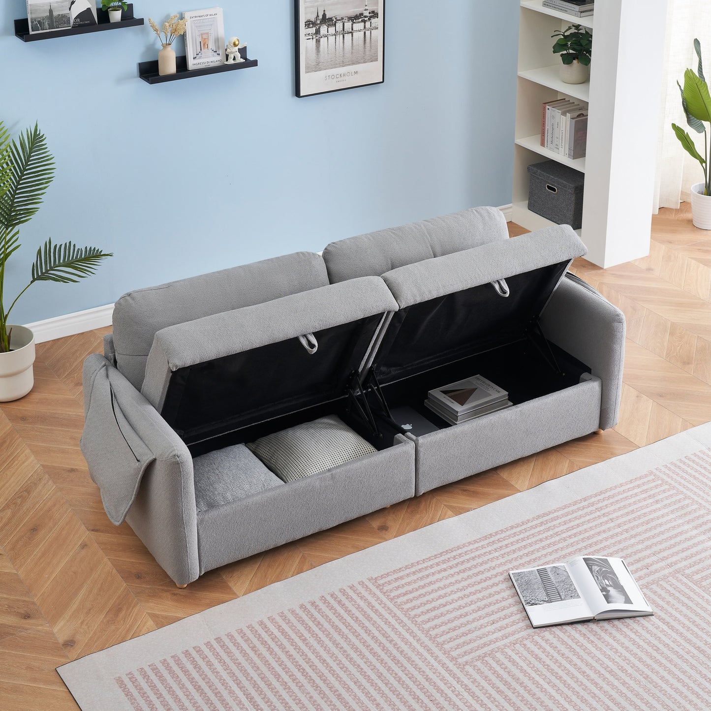 Light Grey 79.50 Teddy Fabric Upholstered 3-seater Storage Sofa with Hidden Seat Storage for Living Room