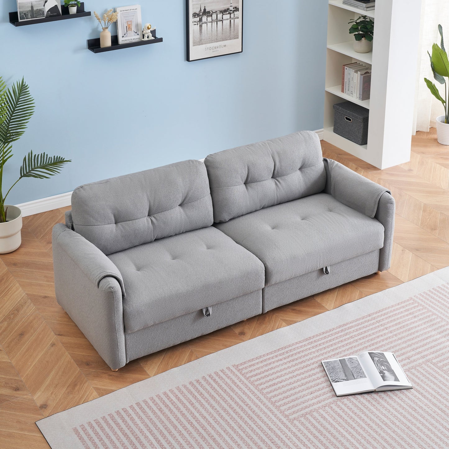Light Grey 79.50 Teddy Fabric Upholstered 3-seater Storage Sofa with Hidden Seat Storage for Living Room