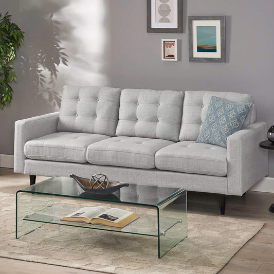 Light Grey Button Tufted 3-seater Sofa with Birch Wood Legs
