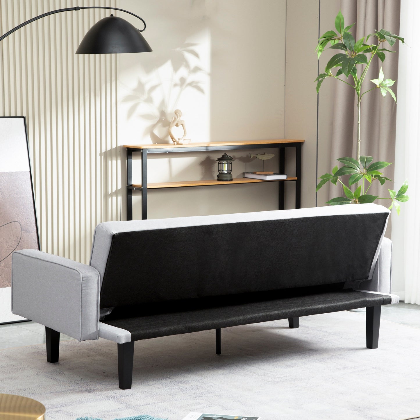 Light Grey Convertible 3-seater Futon Sofa Bed with Wood Legs