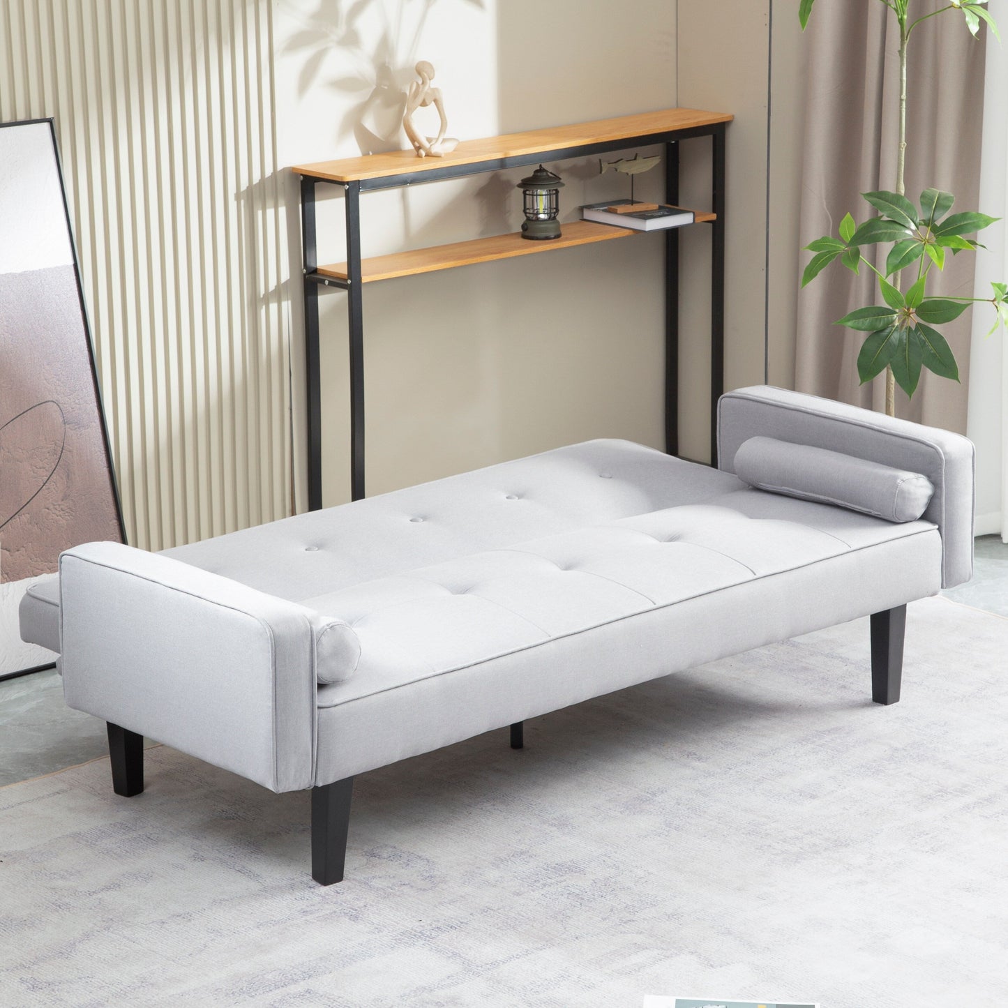 Light Grey Convertible 3-seater Futon Sofa Bed with Wood Legs