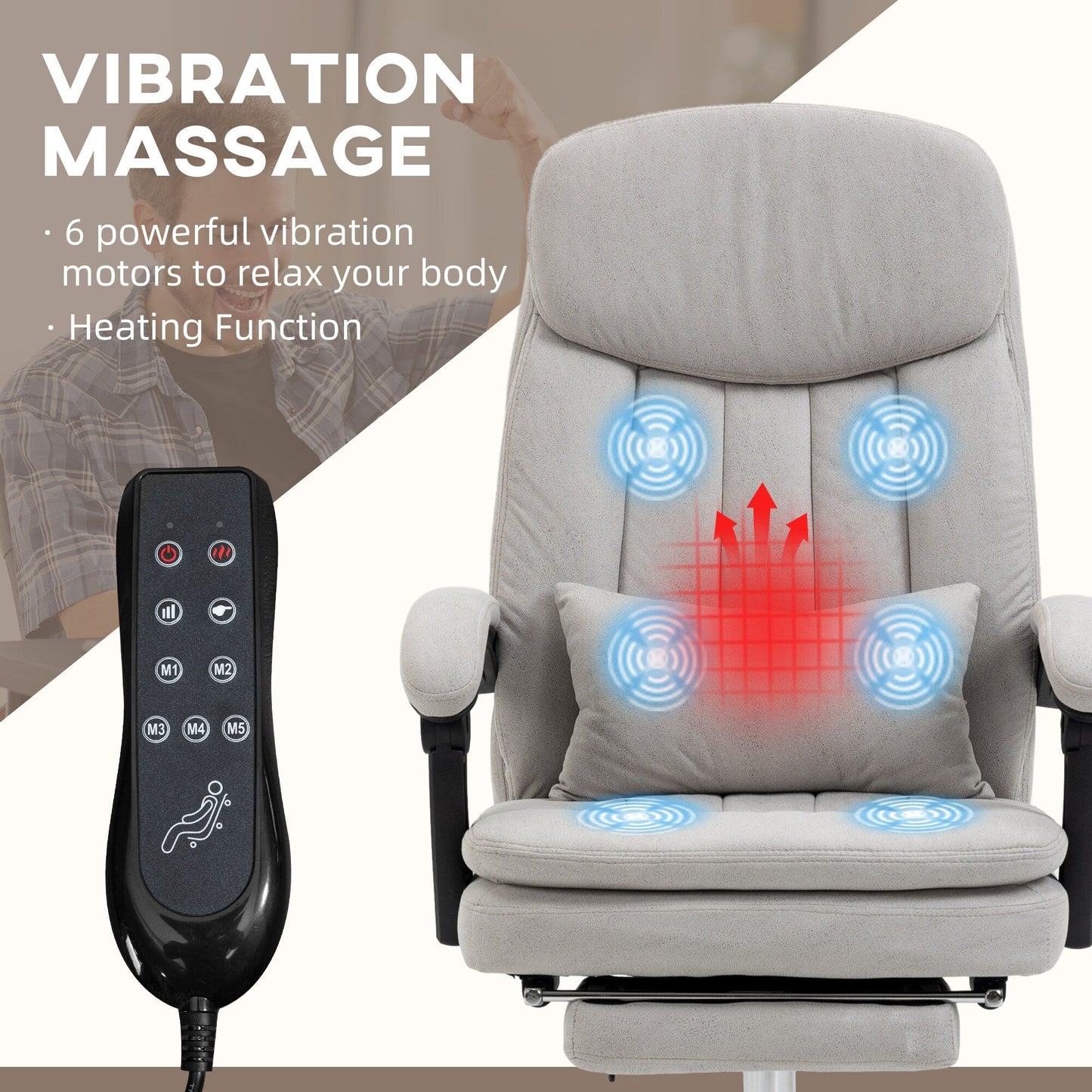 Light Grey Microfibre 360Â° Swivel Office Recliner with Vibration Massage, Lumbar Heating, Lumbar Pillow, Footrest
