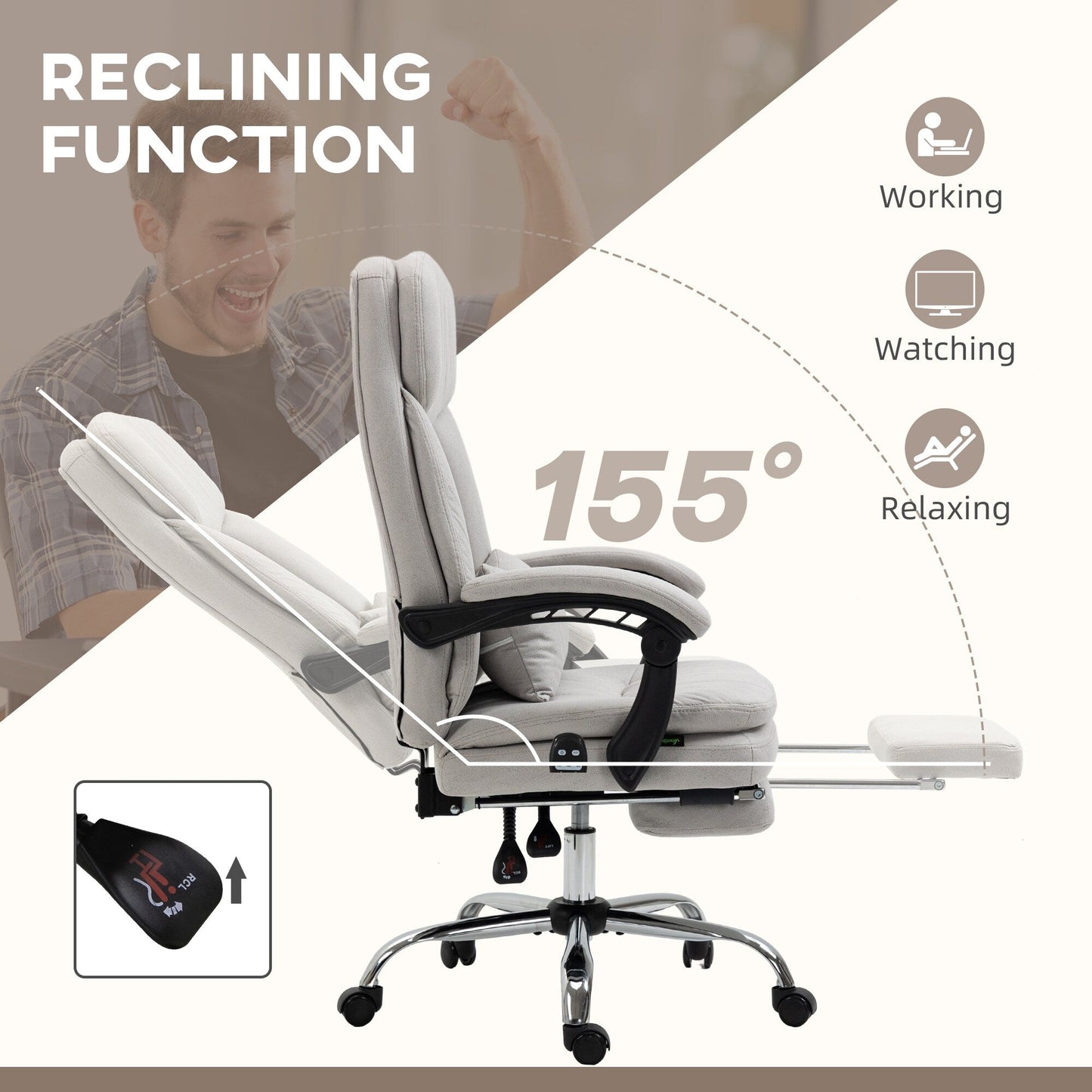Light Grey Microfibre 360Â° Swivel Office Recliner with Vibration Massage, Lumbar Heating, Lumbar Pillow, Footrest