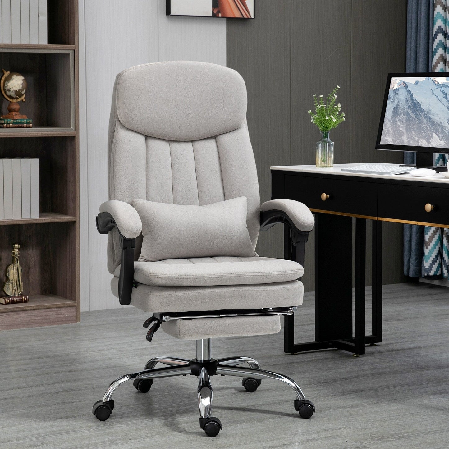 Light Grey Microfibre 360Â° Swivel Office Recliner with Vibration Massage, Lumbar Heating, Lumbar Pillow, Footrest