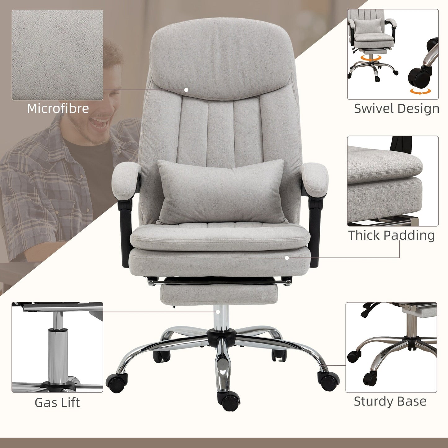 Light Grey Microfibre 360Â° Swivel Office Recliner with Vibration Massage, Lumbar Heating, Lumbar Pillow, Footrest