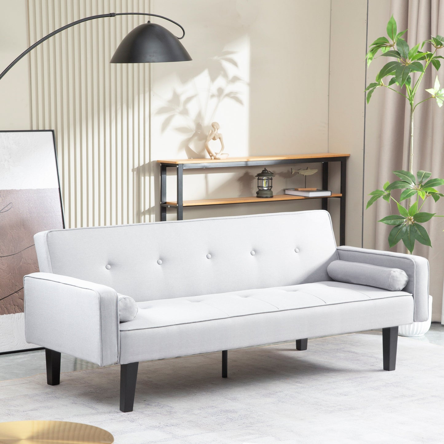 Light Grey Modern 71.65 Convertible 3-seater Futon Sofa Bed with Solid Wood Legs and Pillows for Living Room