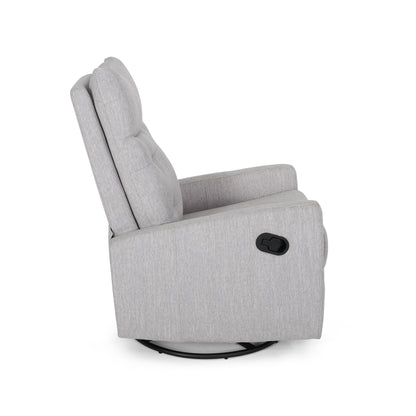 Light Grey Modern Fabric Upholstered Swivel Glider Push-Back Recliner with Footrest and Tufted Backrest