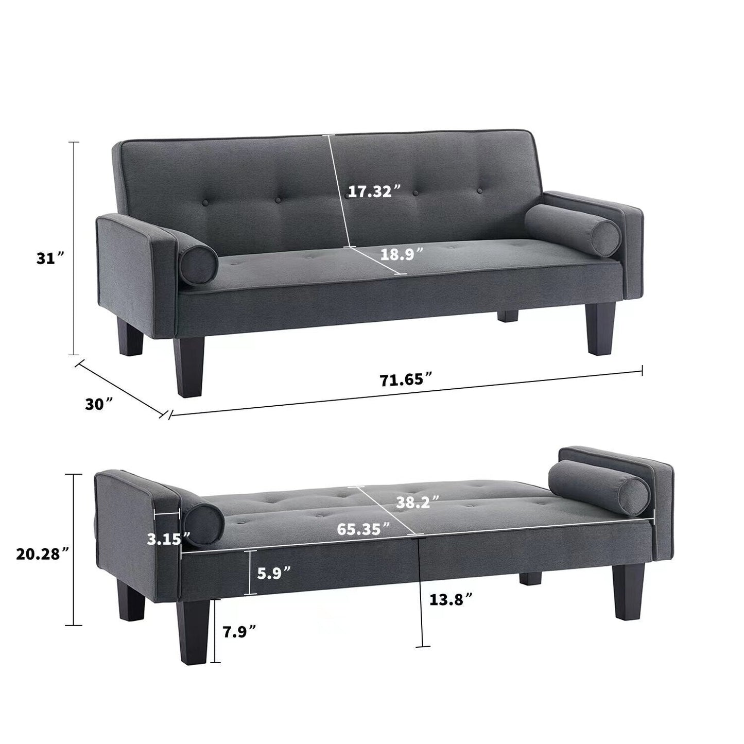 Linen Fabric Modern Convertible Sofa Bed with Removable Armrests