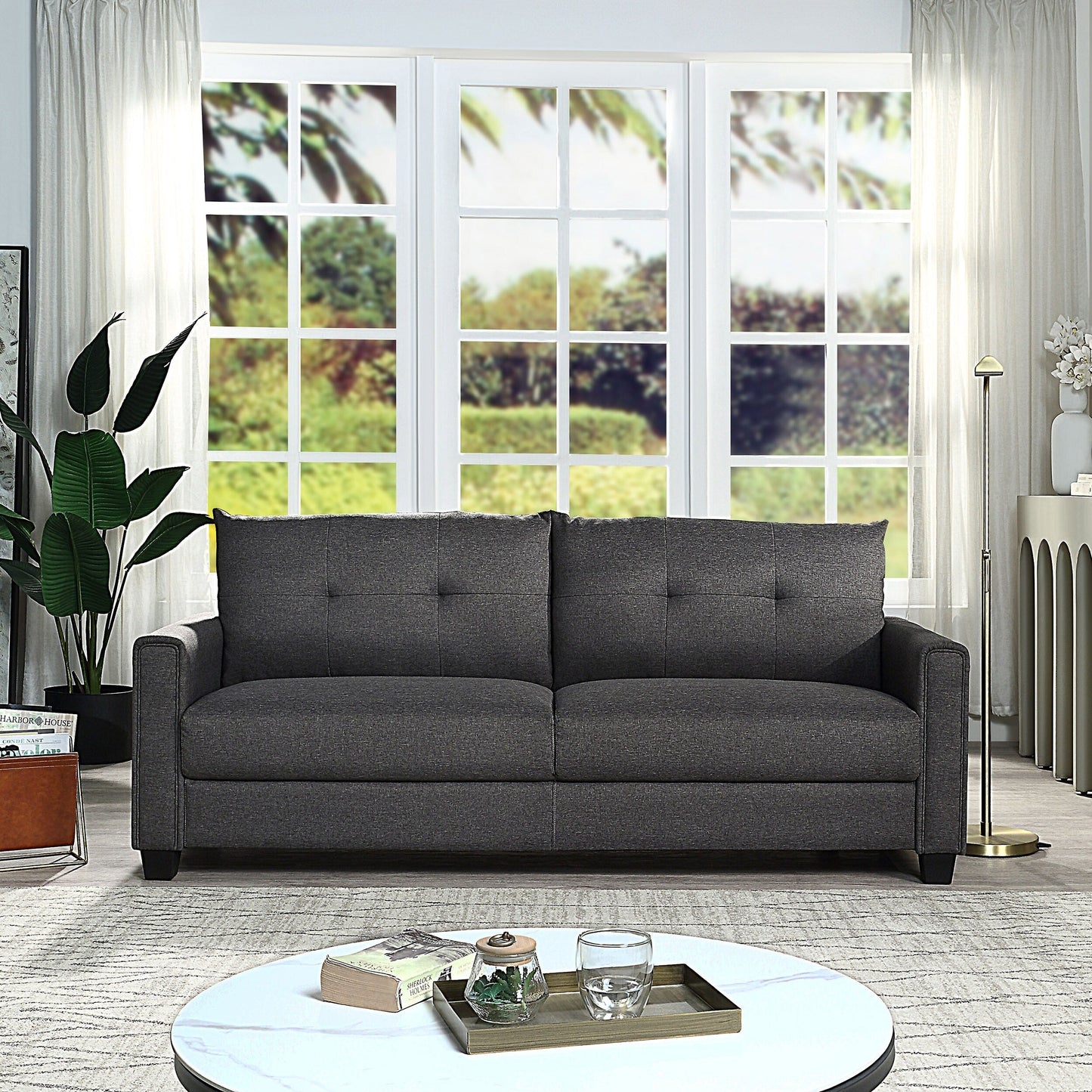 Linen Fabric Upholstered Sofa with Tufted Cushions - 30.71 x 81.10 x 32.28