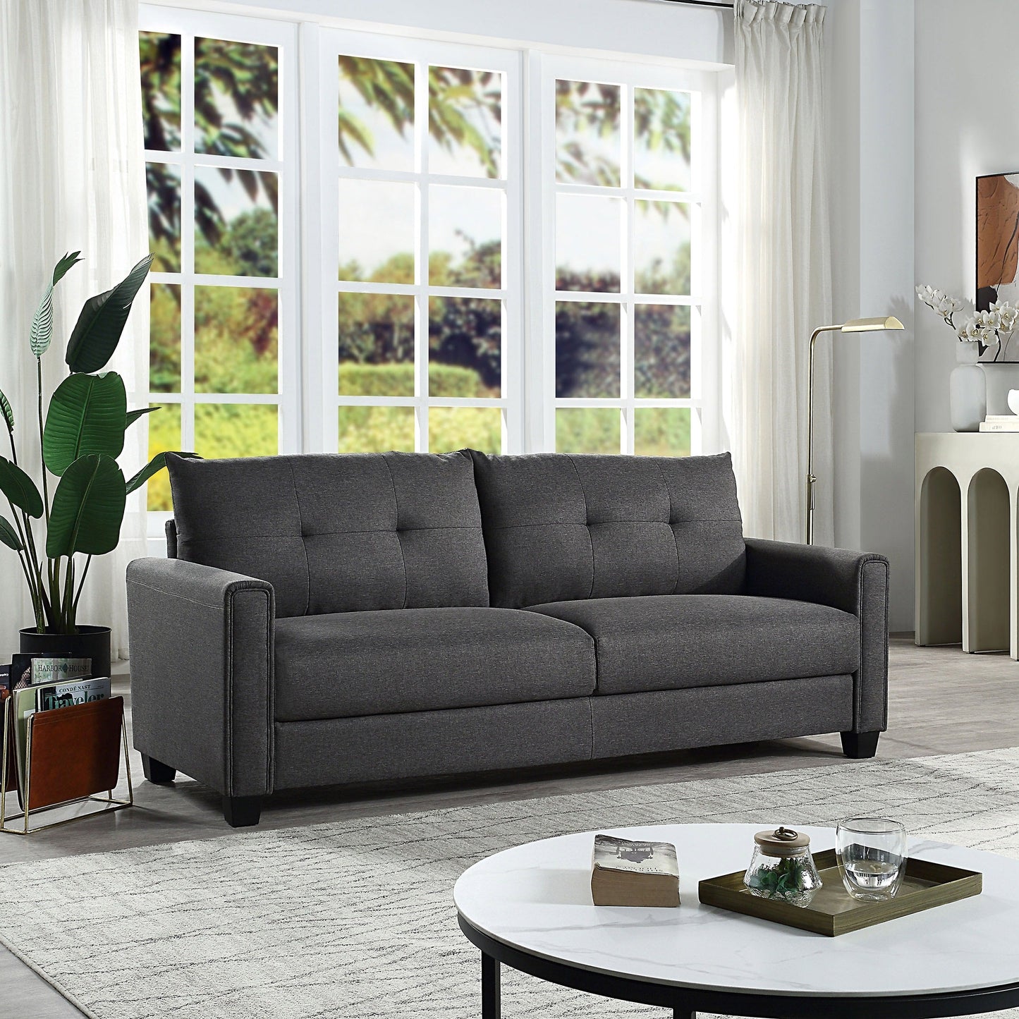 Linen Fabric Upholstered Sofa with Tufted Cushions - 30.71 x 81.10 x 32.28