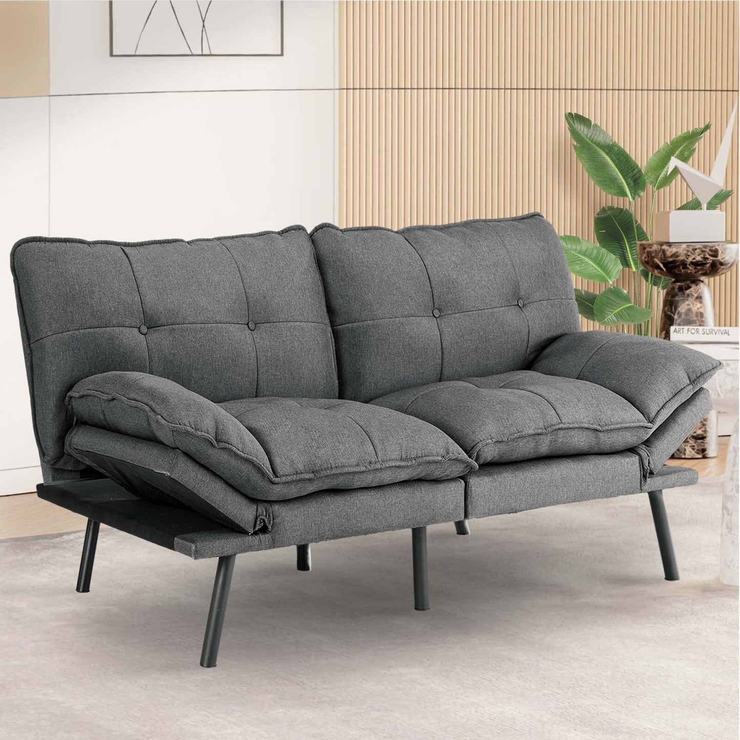Linen Folding Loveseat Sofa Bed with Metal Legs