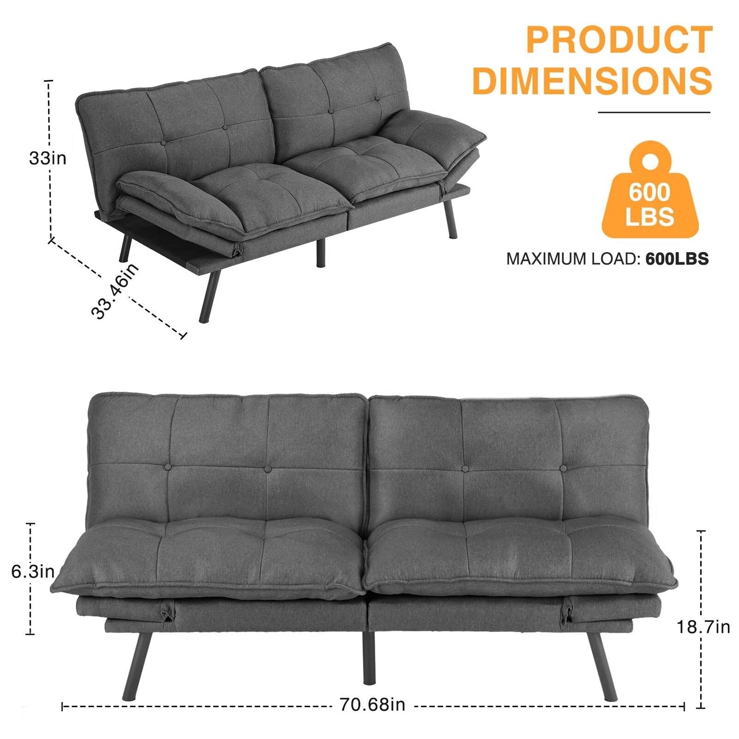 Linen Folding Loveseat Sofa Bed with Metal Legs