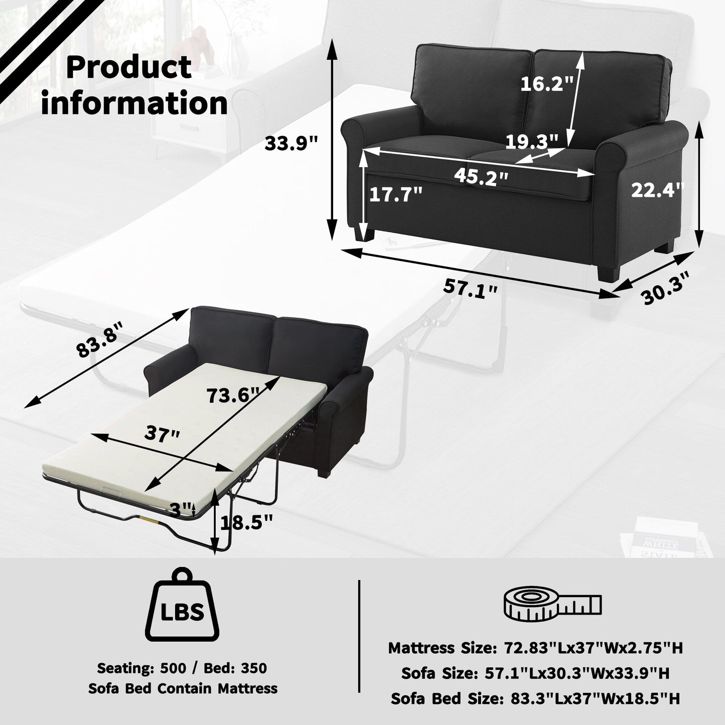 Linen Loveseat Sofa Bed with Memory Foam Mattress