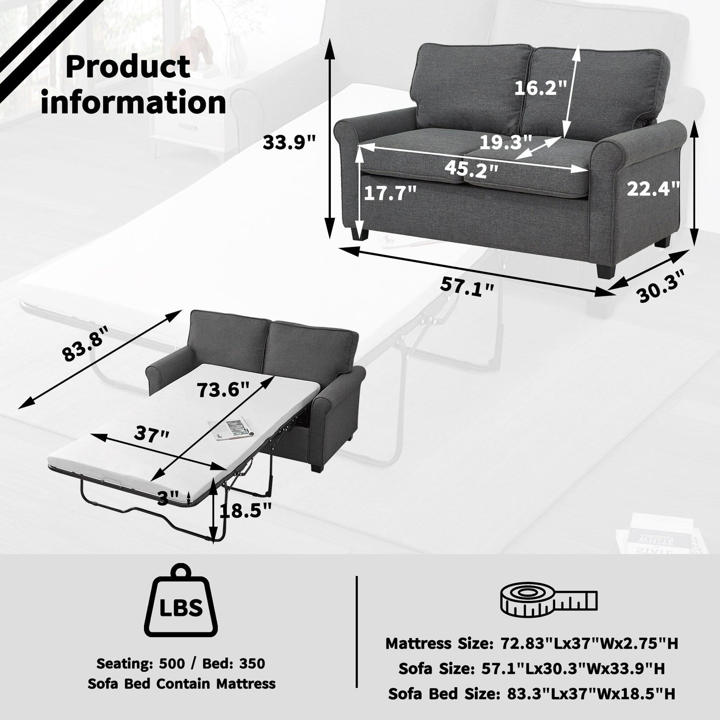 Linen Loveseat Sofa Bed with Memory Foam Mattress