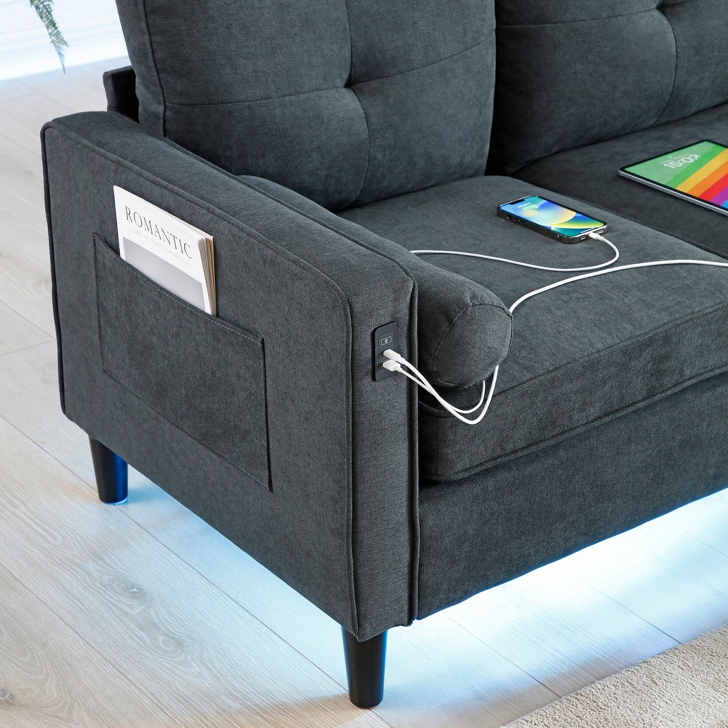 Linen Loveseat Sofa with LED Lights and USB Ports