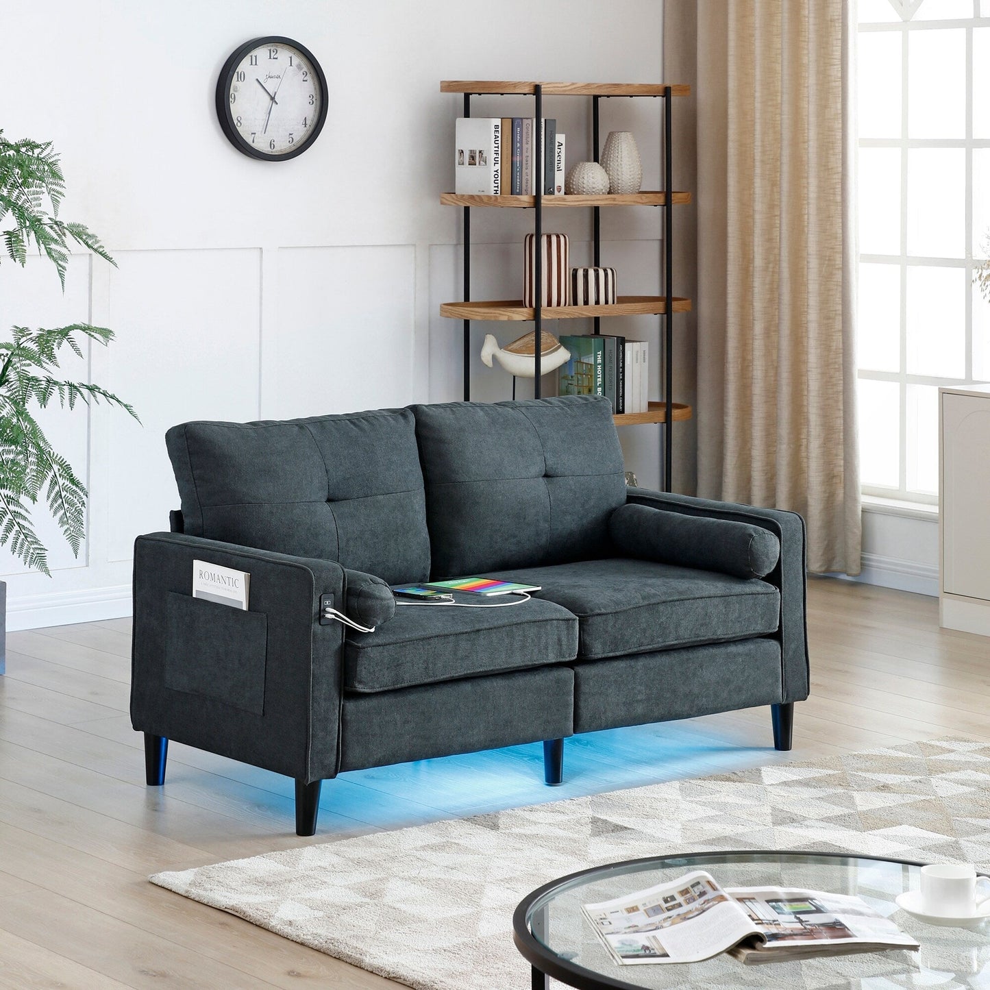 Linen Loveseat Sofa with LED Lights and USB Ports