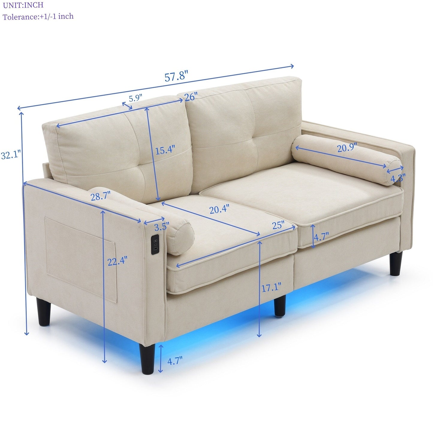 Linen Loveseat Sofa with LED Lights and USB Ports