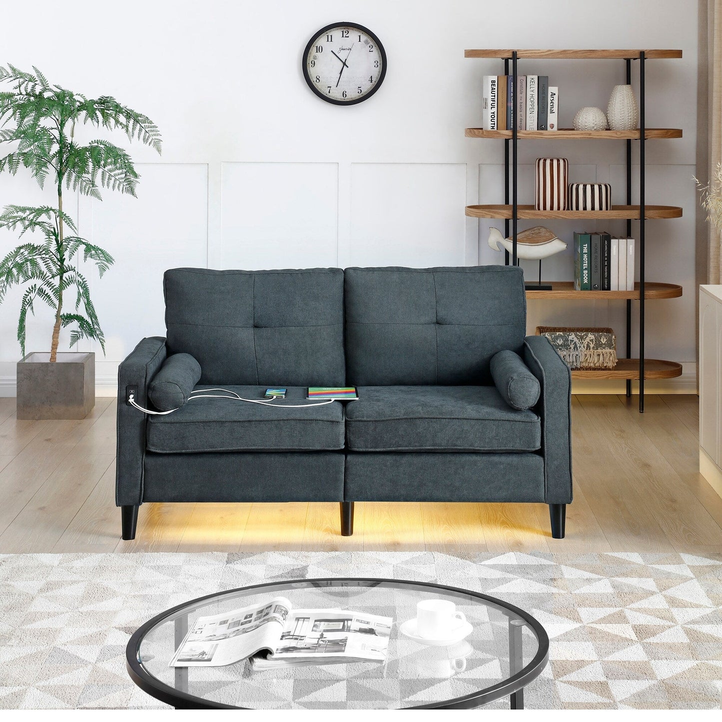 Linen Loveseat Sofa with LED Lights and USB Ports
