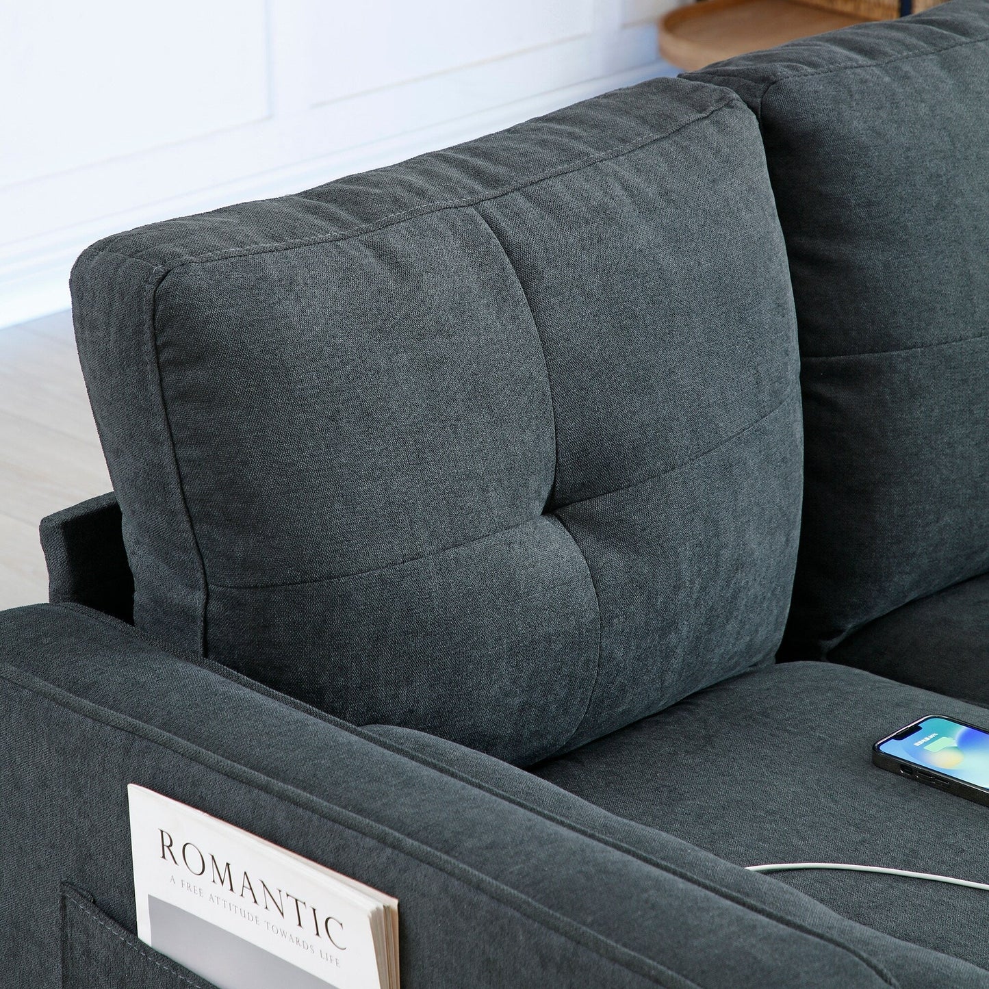 Linen Loveseat Sofa with LED Lights and USB Ports