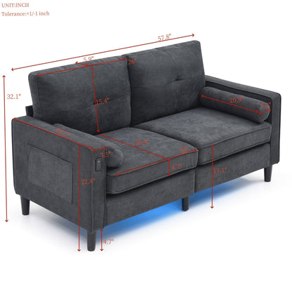 Linen Loveseat Sofa with LED Lights and USB Ports