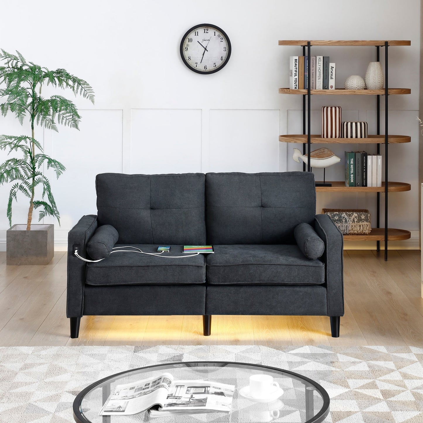 Linen Loveseat Sofa with LED Lights and USB Ports