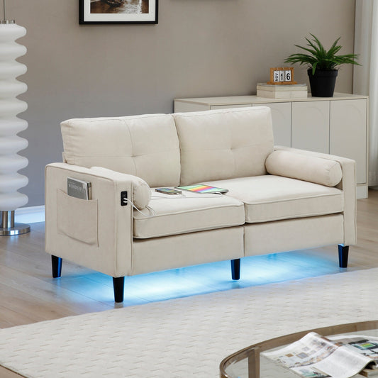 Linen Loveseat Sofa with LED Lights and USB Ports