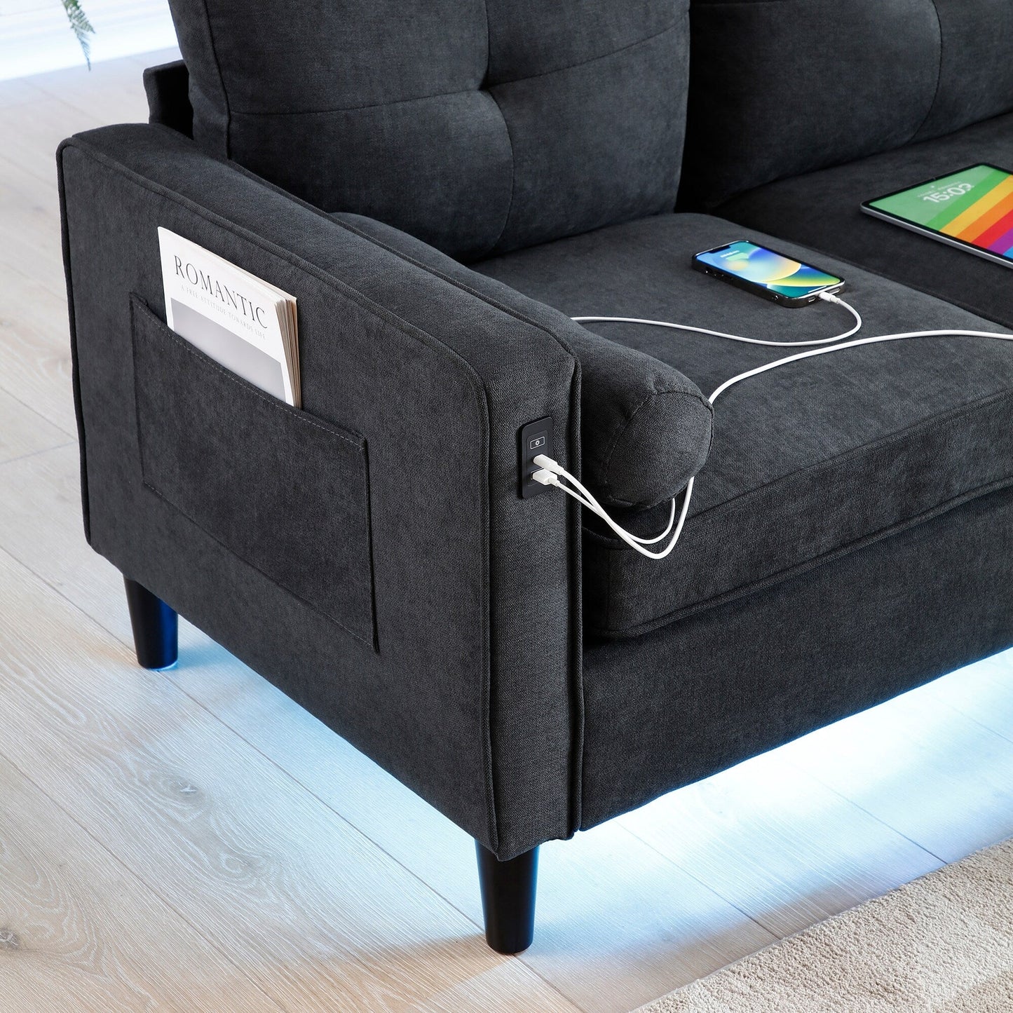 Linen Loveseat Sofa with LED Lights and USB Ports