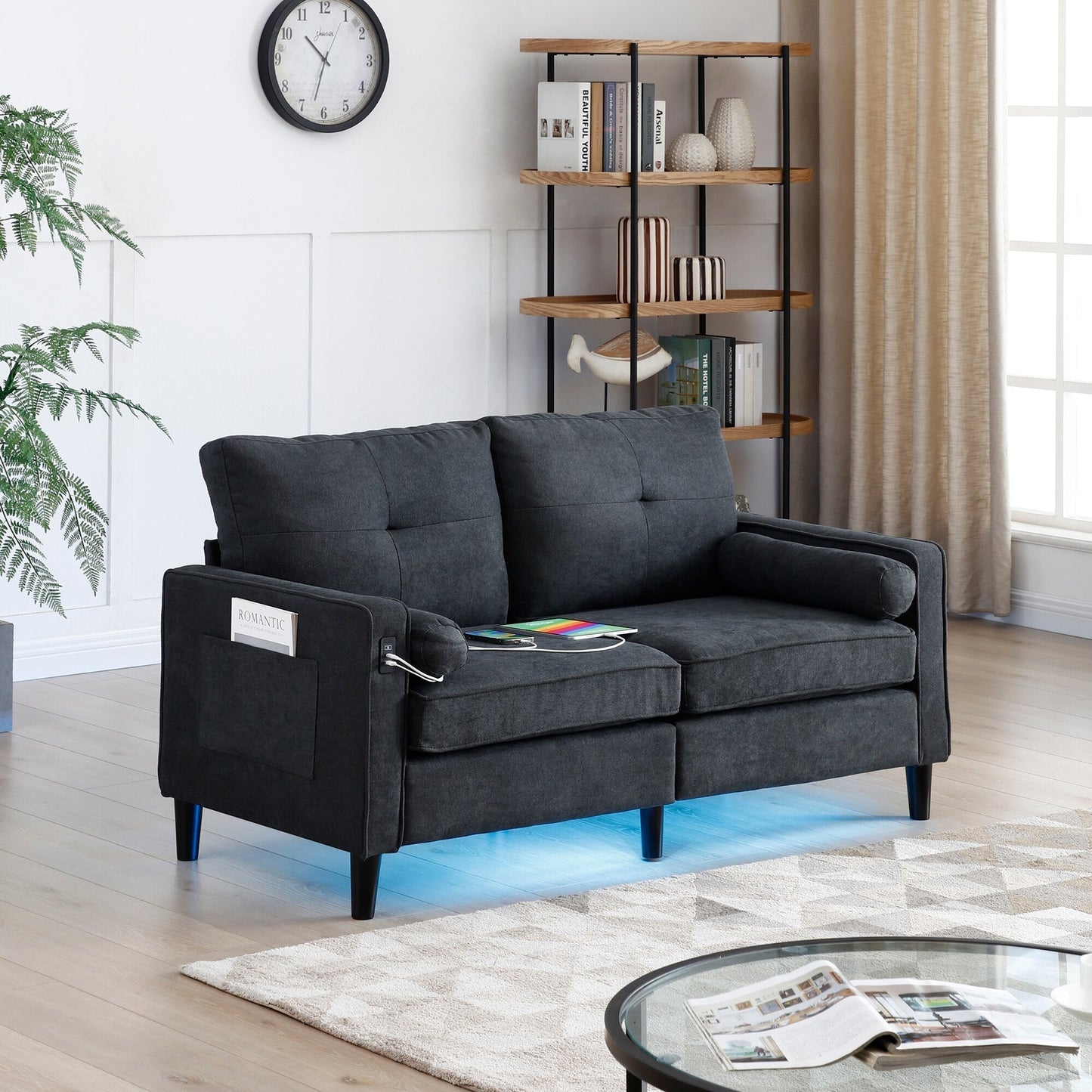 Linen Loveseat Sofa with LED Lights and USB Ports