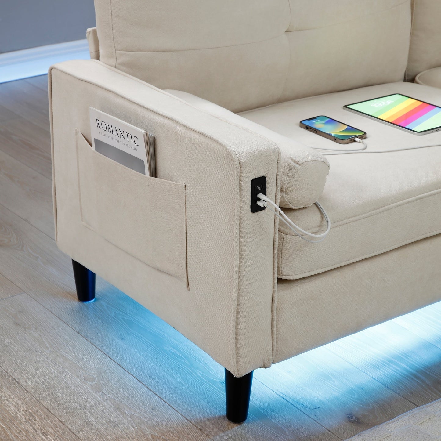 Linen Loveseat Sofa with LED Lights and USB Ports