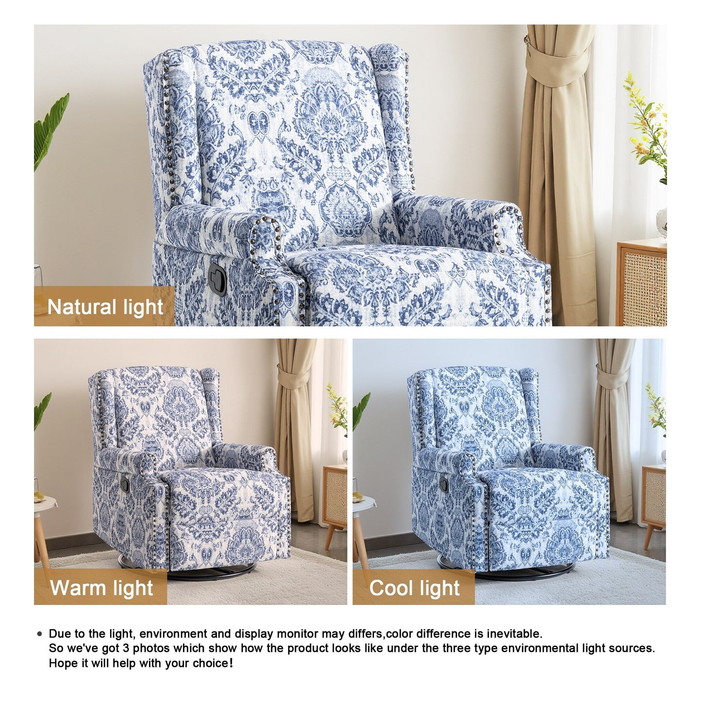 Linen Manual Swivel Base Recliner Chair with Footrest