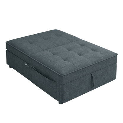 Linen Ottoman Sofa Bed with Storage Pocket and USB Port