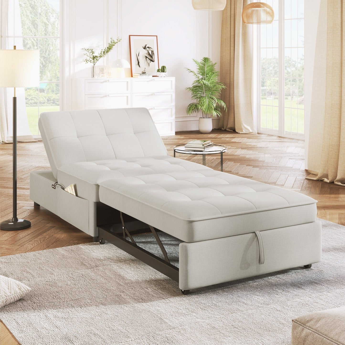 Linen Ottoman Sofa Bed with Storage Pocket and USB Port
