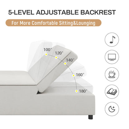 Linen Ottoman Sofa Bed with Storage Pocket and USB Port