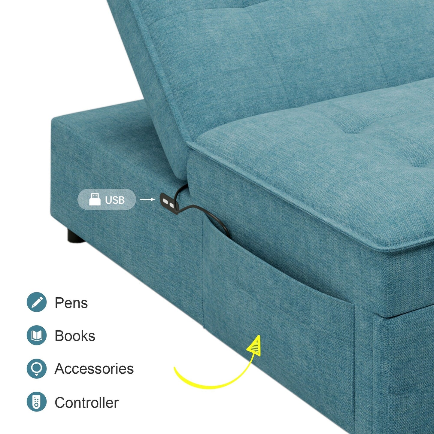Linen Ottoman Sofa Bed with Storage Pocket and USB Port