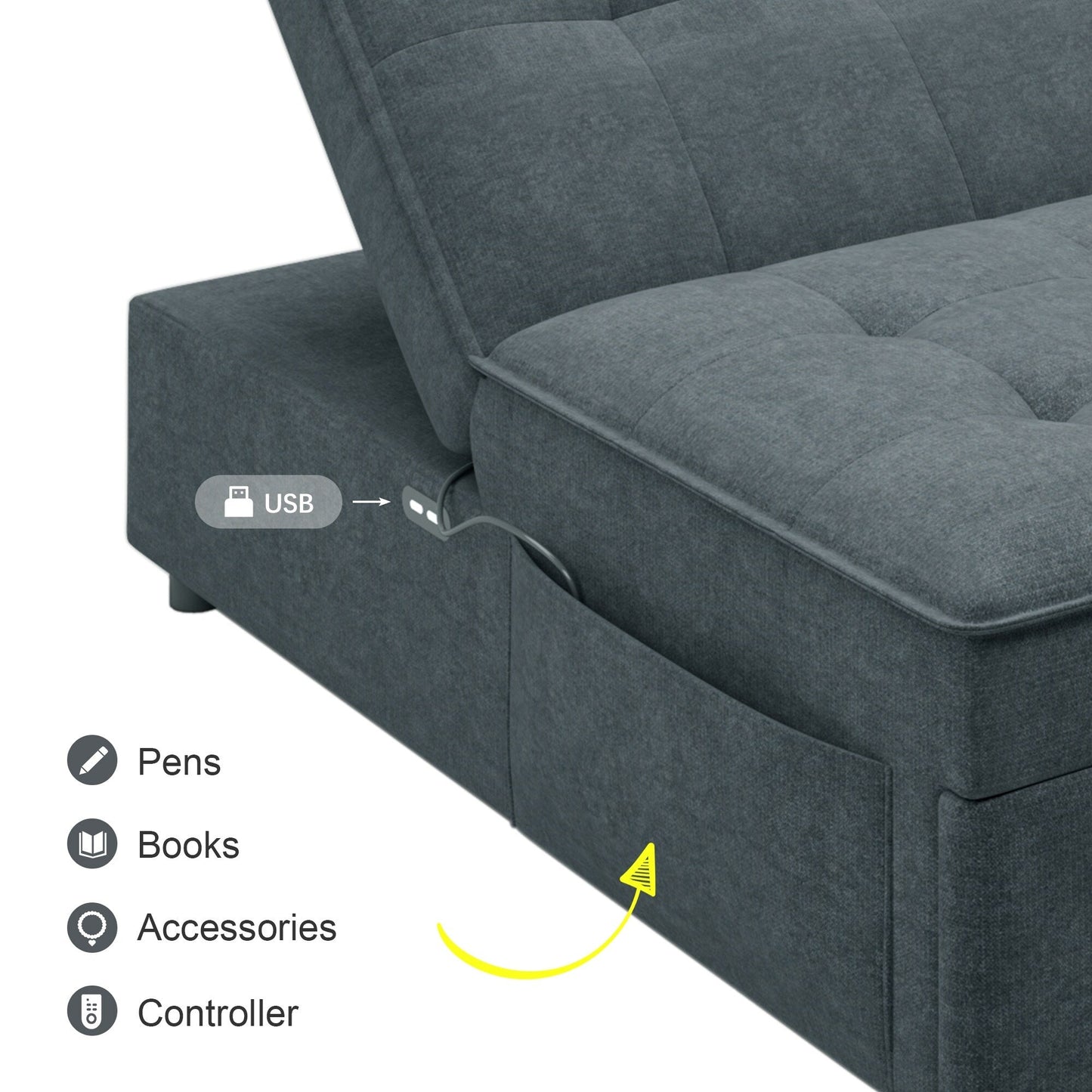 Linen Ottoman Sofa Bed with Storage Pocket and USB Port