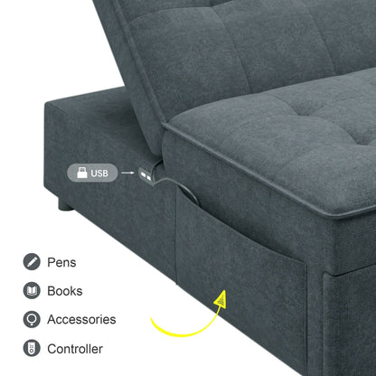 Linen Ottoman Sofa Bed with Storage Pocket and USB Port