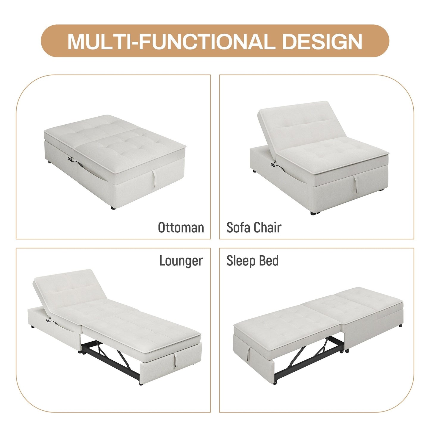 Linen Ottoman Sofa Bed with Storage Pocket and USB Port