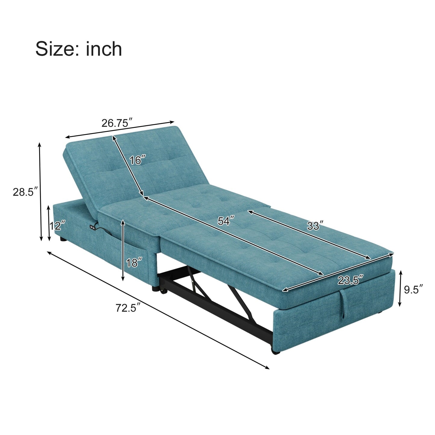 Linen Ottoman Sofa Bed with Storage Pocket and USB Port
