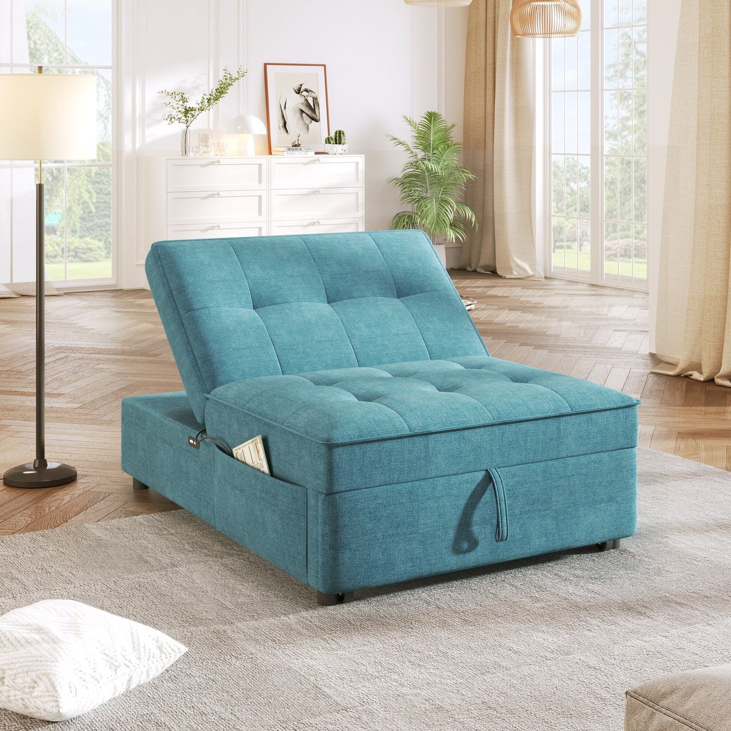 Linen Ottoman Sofa Bed with Storage Pocket and USB Port