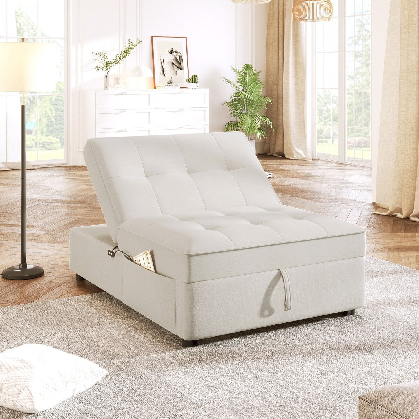 Linen Ottoman Sofa Bed with Storage Pocket and USB Port