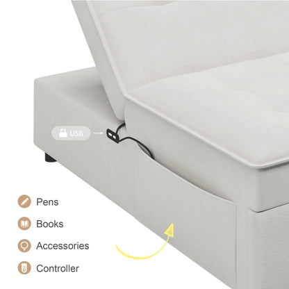Linen Ottoman Sofa Bed with Storage Pocket and USB Port