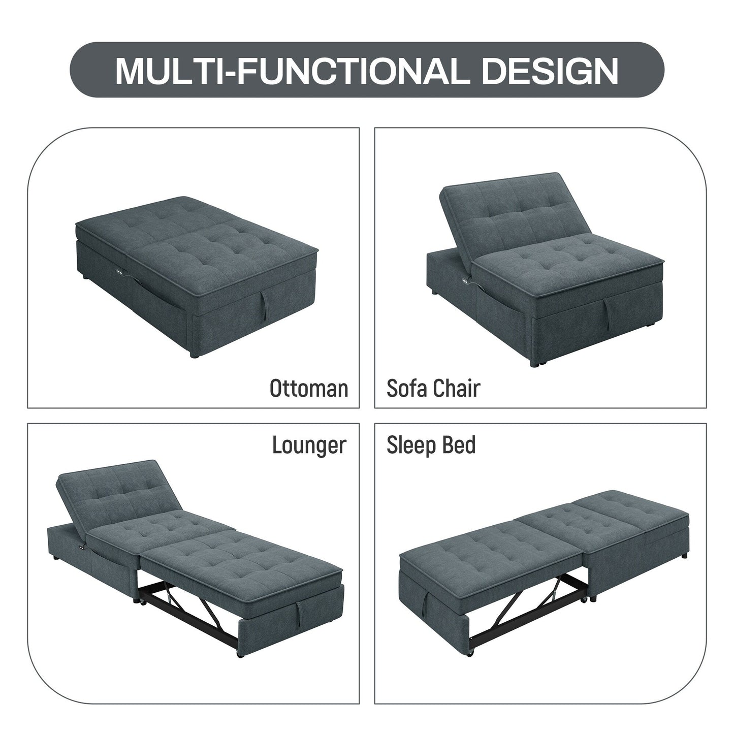Linen Ottoman Sofa Bed with Storage Pocket and USB Port