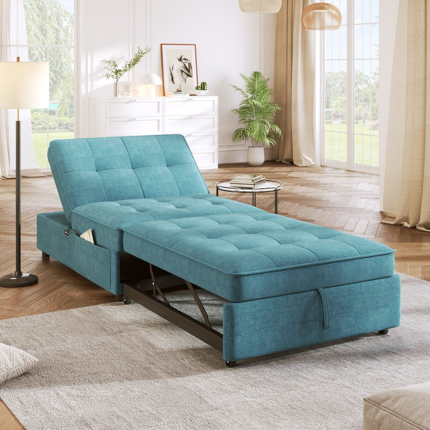 Linen Ottoman Sofa Bed with Storage Pocket and USB Port