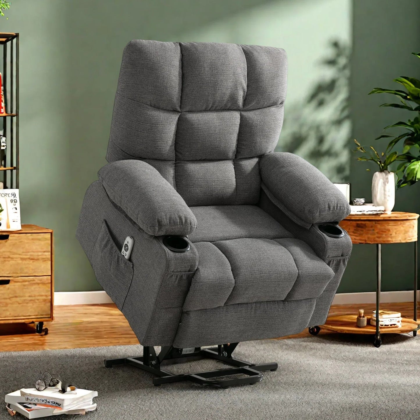 Linen Power Lift Recliner Chair with Massage and Heat, Side Pockets, USB Charge Ports