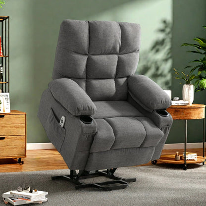 Linen Power Lift Recliner Chair with Massage and Heat, Side Pockets, USB Charge Ports