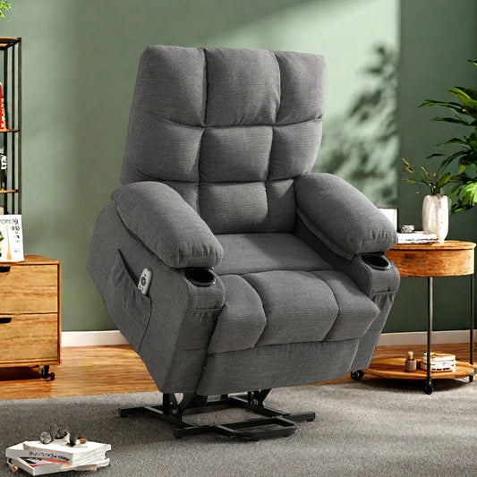 Linen Power Lift Recliner Chair with Massage and Heat, Side Pockets, USB Charge Ports