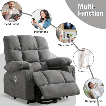 Linen Power Lift Recliner Chair with Massage and Heat, Side Pockets, USB Charge Ports
